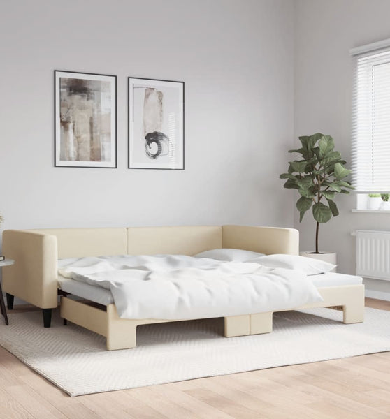 Tagesbett Ausziehbar Creme 100x200 cm Stoff