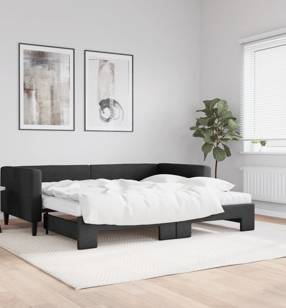 Tagesbett Ausziehbar mit Matratzen Schwarz 90x200 cm Stoff