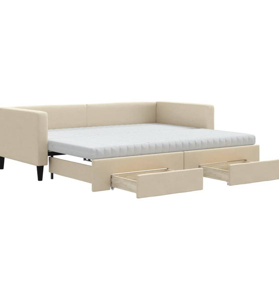 Tagesbett Ausziehbar mit Schubladen Creme 90x200 cm Stoff