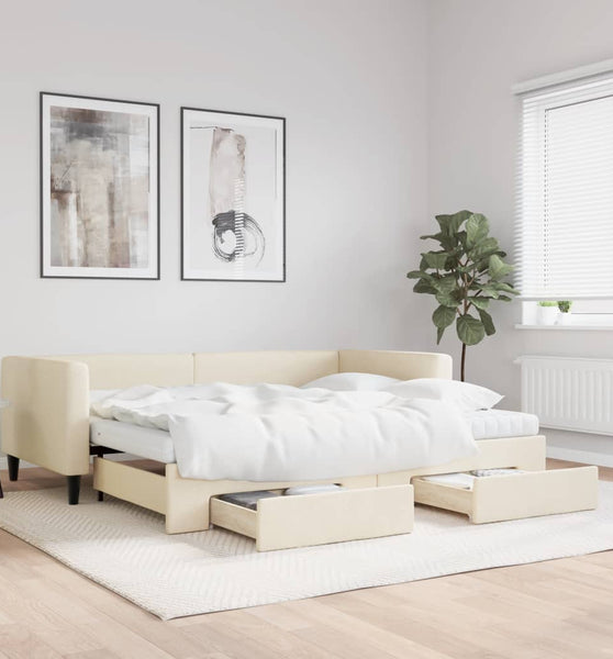 Tagesbett Ausziehbar mit Schubladen Creme 90x200 cm Stoff
