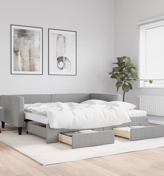 Tagesbett Ausziehbar mit Schubladen Hellgrau 100x200 cm Stoff