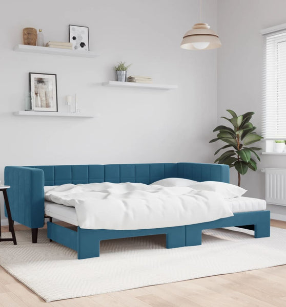 Tagesbett Ausziehbar mit Matratzen Blau 80x200 cm Samt