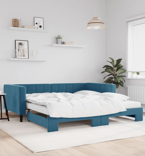 Tagesbett Ausziehbar mit Matratzen Blau 100x200 cm Samt