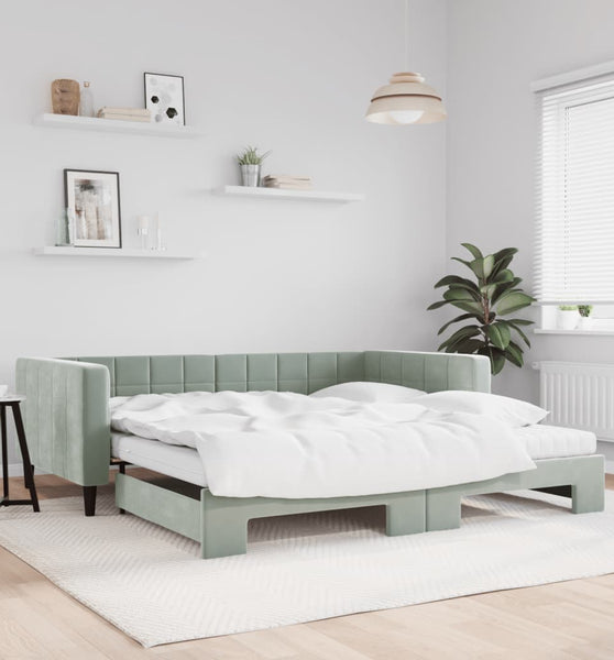 Tagesbett Ausziehbar mit Matratzen Hellgrau 100x200 cm Samt