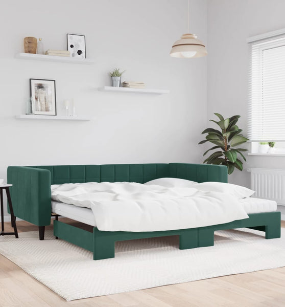 Tagesbett Ausziehbar mit Matratzen Dunkelgrün 100x200 cm Samt