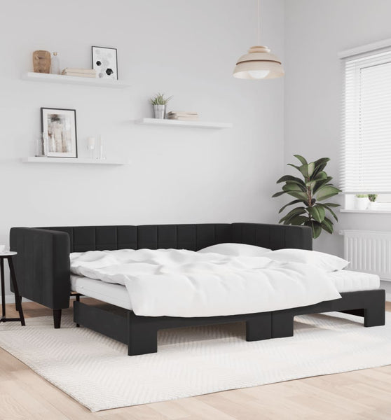 Tagesbett Ausziehbar mit Matratzen Schwarz 100x200 cm Samt