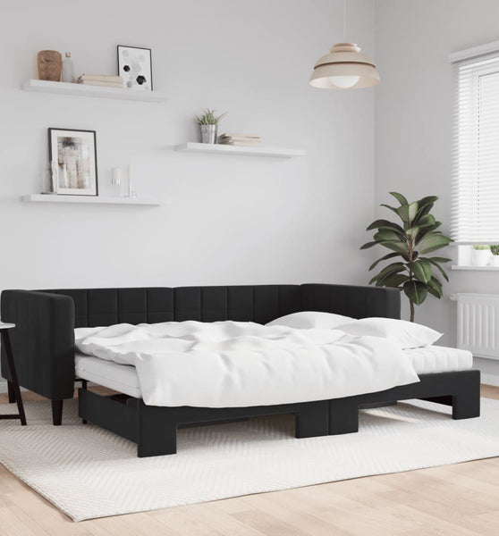 Tagesbett Ausziehbar mit Matratzen Schwarz 90x190 cm Samt