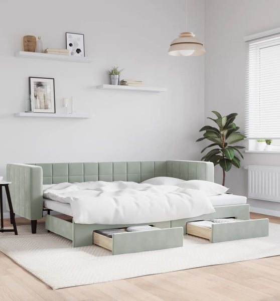 Tagesbett Ausziehbar mit Schubladen Hellgrau 80x200 cm Samt