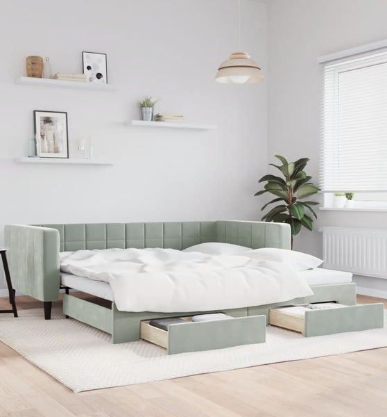 Tagesbett Ausziehbar mit Schubladen Hellgrau 100x200 cm Samt