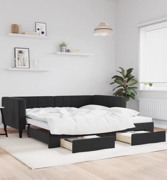 Tagesbett Ausziehbar mit Schubladen Schwarz 100x200 cm Samt
