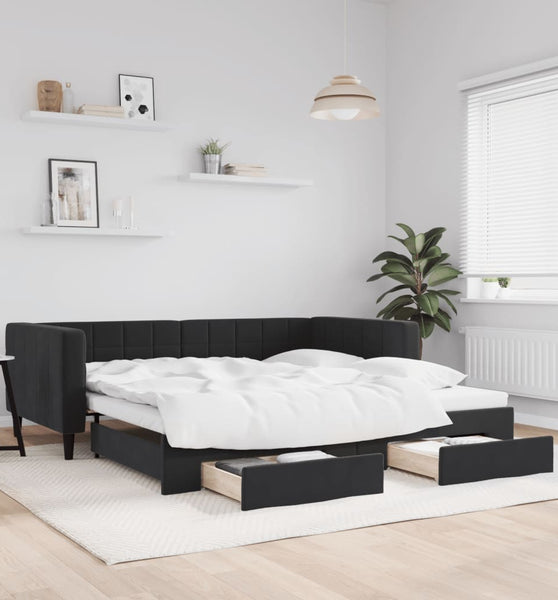 Tagesbett Ausziehbar mit Schubladen Schwarz 90x190 cm Samt