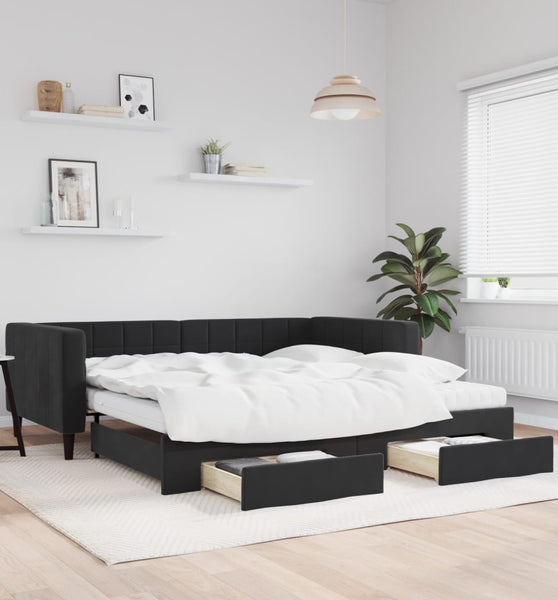 Tagesbett Ausziehbar mit Schubladen Schwarz 100x200 cm Samt