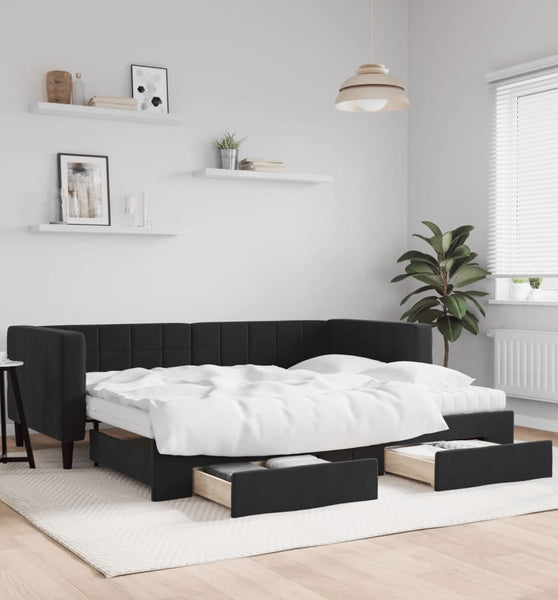 Tagesbett Ausziehbar mit Schubladen Schwarz 90x190 cm Samt