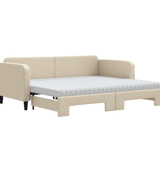 Tagesbett Ausziehbar mit Matratzen Creme 90x200 cm Stoff