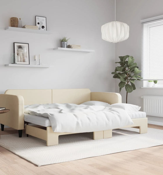 Tagesbett Ausziehbar mit Matratzen Creme 90x200 cm Stoff