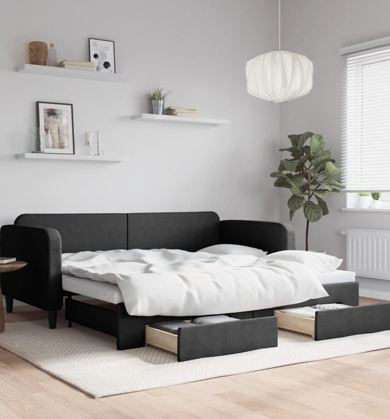 Tagesbett Ausziehbar mit Schubladen Schwarz 90x200 cm Stoff