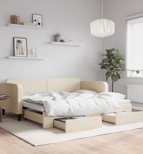 Tagesbett Ausziehbar mit Schubladen Creme 90x200 cm Stoff