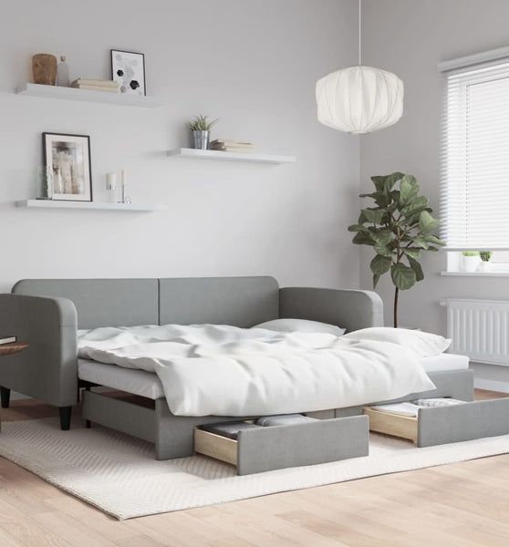 Tagesbett Ausziehbar mit Schubladen Hellgrau 100x200 cm Stoff
