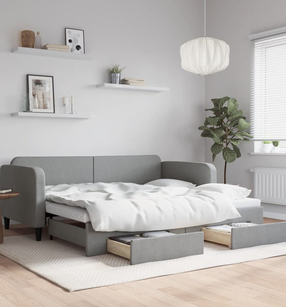 Tagesbett Ausziehbar mit Schubladen Hellgrau 90x190 cm Stoff