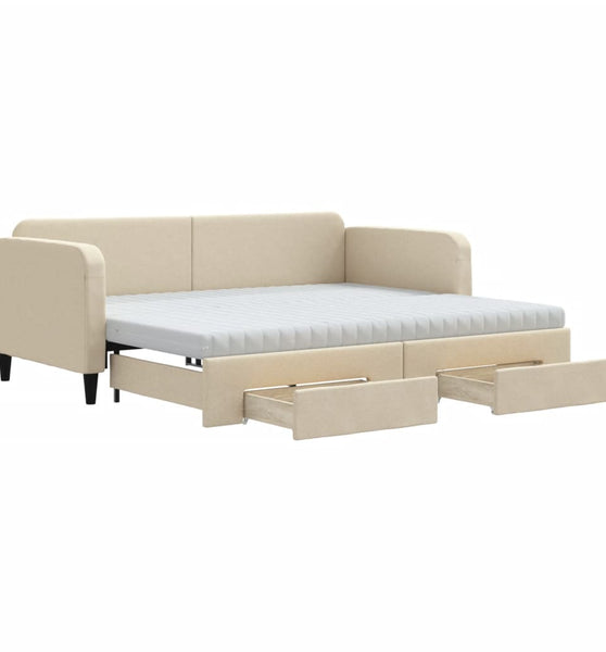 Tagesbett Ausziehbar mit Schubladen Creme 90x200 cm Stoff