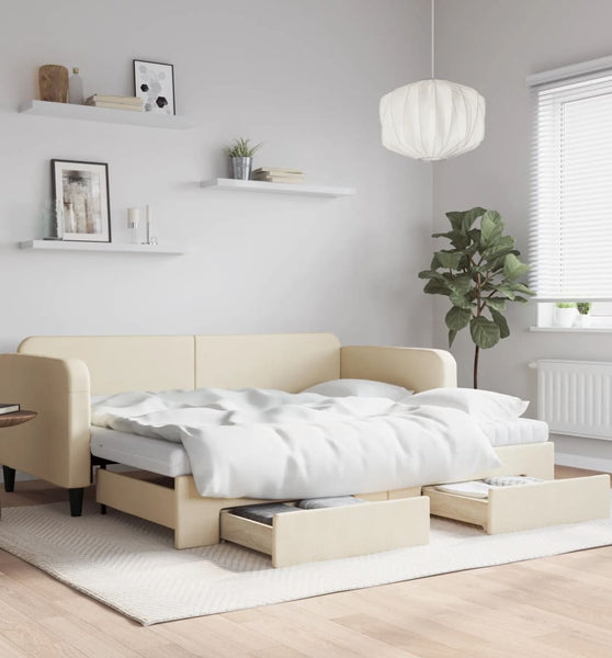 Tagesbett Ausziehbar mit Schubladen Creme 90x200 cm Stoff