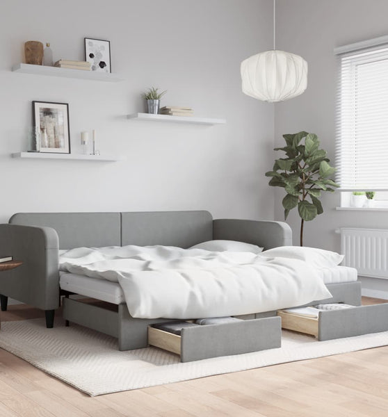 Tagesbett Ausziehbar mit Schubladen Hellgrau 100x200 cm Stoff