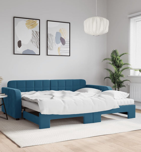 Tagesbett Ausziehbar mit Matratzen Blau 90x200 cm Samt