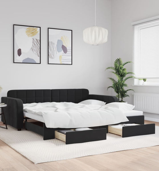 Tagesbett Ausziehbar mit Schubladen Schwarz 100x200 cm Samt