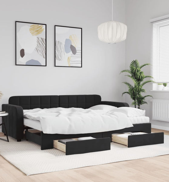 Tagesbett Ausziehbar mit Schubladen Schwarz 80x200 cm Samt