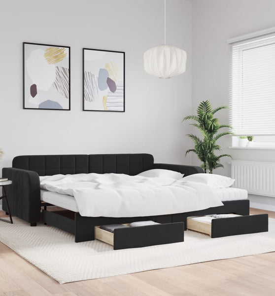 Tagesbett Ausziehbar mit Schubladen Schwarz 100x200 cm Samt