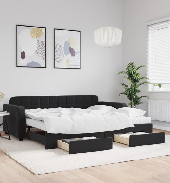 Tagesbett Ausziehbar mit Schubladen Schwarz 90x190 cm Samt