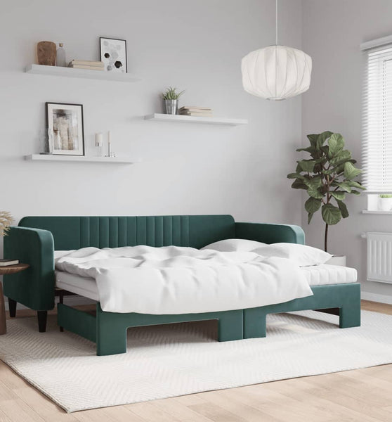 Tagesbett Ausziehbar mit Matratzen Dunkelgrün 90x200 cm Samt