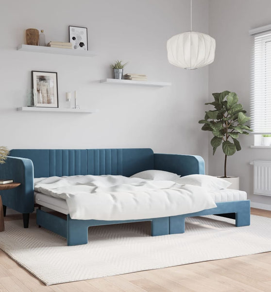 Tagesbett Ausziehbar mit Matratzen Blau 100x200 cm Samt