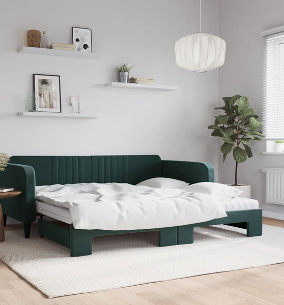 Tagesbett Ausziehbar mit Matratzen Dunkelgrün 100x200 cm Samt