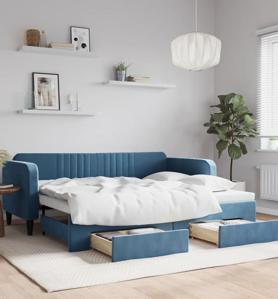 Tagesbett Ausziehbar mit Schubladen Blau 90x200 cm Samt