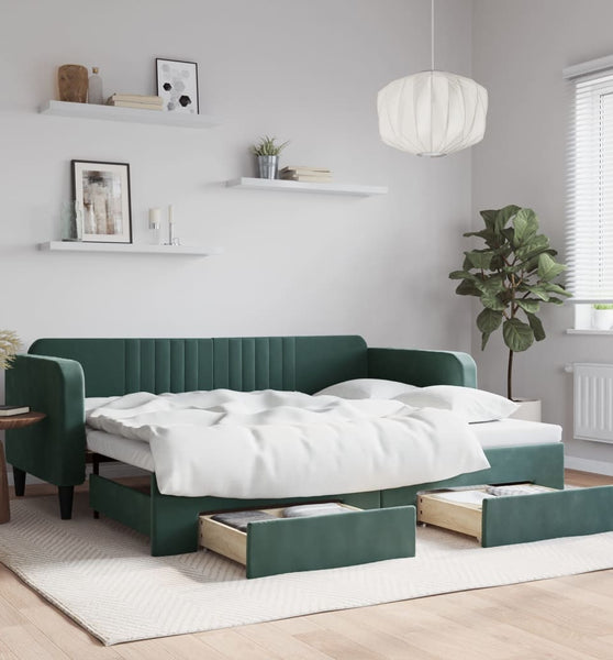 Tagesbett Ausziehbar mit Schubladen Dunkelgrün 90x200 cm Samt
