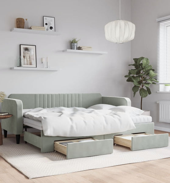 Tagesbett Ausziehbar mit Schubladen Hellgrau 80x200 cm Samt