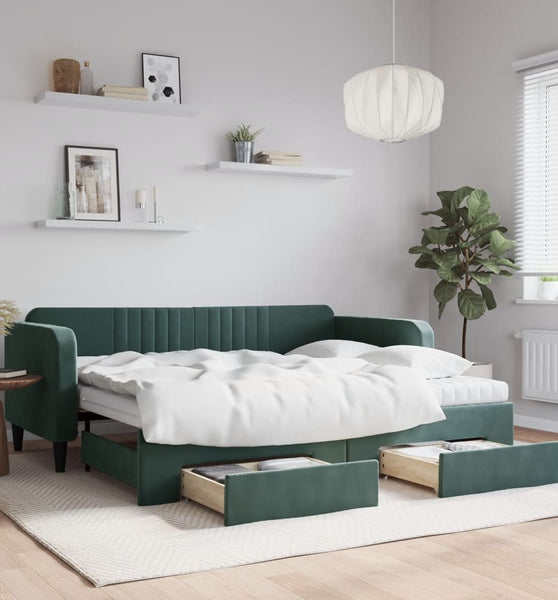 Tagesbett Ausziehbar mit Schubladen Dunkelgrün 90x200 cm Samt