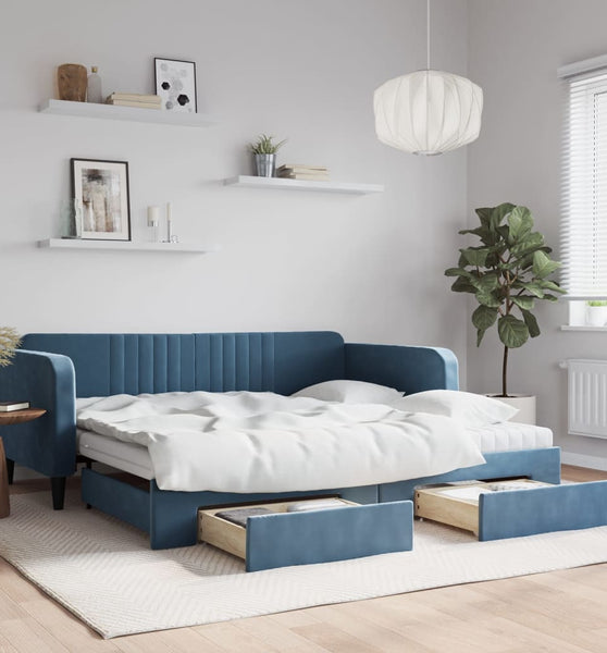 Tagesbett Ausziehbar mit Schubladen Blau 100x200 cm Samt