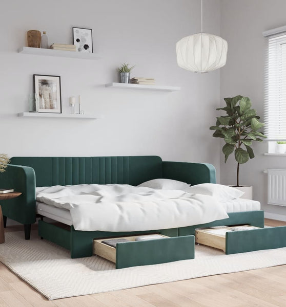 Tagesbett Ausziehbar mit Schubladen Dunkelgrün 100x200 cm Samt