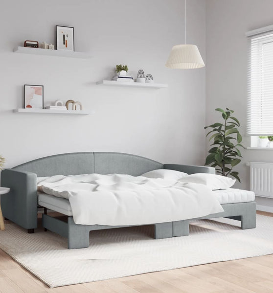 Tagesbett Ausziehbar mit Matratze Hellgrau 90x200 cm Stoff