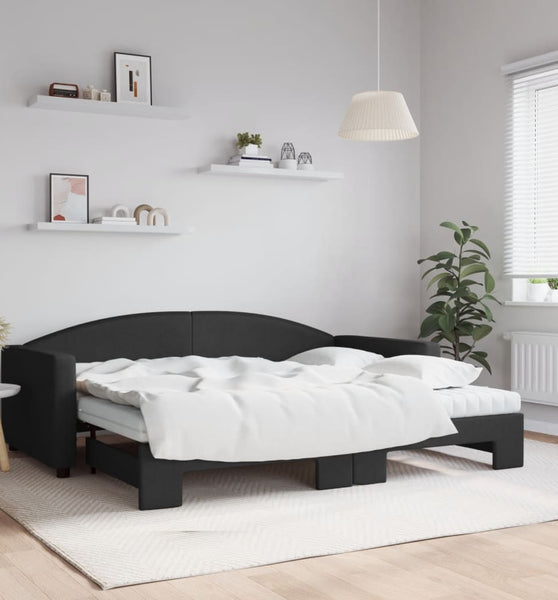 Tagesbett Ausziehbar mit Matratzen Schwarz 90x200 cm Stoff