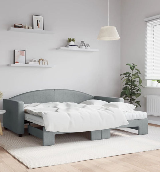 Tagesbett Ausziehbar mit Matratze Hellgrau 90x190 cm Stoff