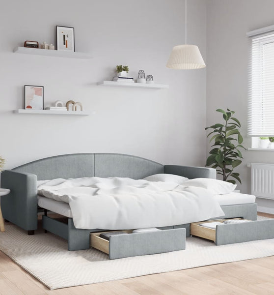 Tagesbett Ausziehbar mit Schubladen Hellgrau 90x200 cm Stoff