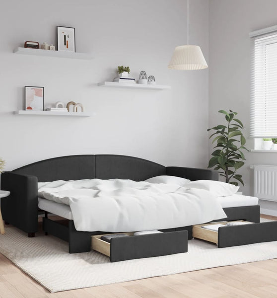Tagesbett Ausziehbar mit Schubladen Schwarz 90x200 cm Stoff