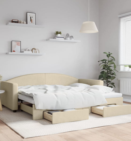 Tagesbett Ausziehbar mit Schubladen Creme 90x200 cm Stoff