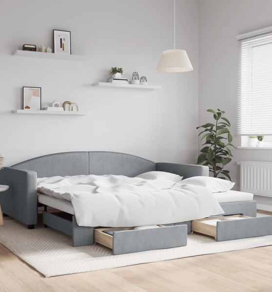Tagesbett Ausziehbar mit Schubladen Hellgrau 100x200 cm Stoff