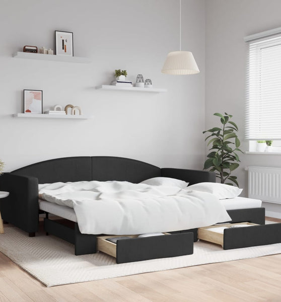 Tagesbett Ausziehbar mit Schubladen Schwarz 100x200 cm Stoff