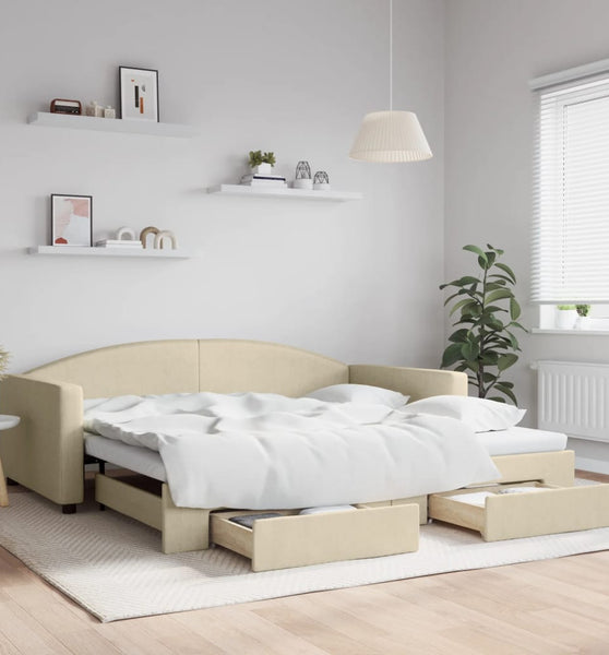 Tagesbett Ausziehbar mit Schubladen Creme 100x200 cm Stoff