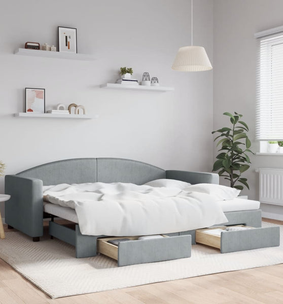 Tagesbett Ausziehbar mit Schubladen Hellgrau 90x190 cm Stoff